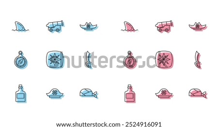 Set line Alcohol drink Rum, Pirate hat, Shark fin ocean wave, bandana for head, Wind rose, sword, Compass and Cannon icon. Vector
