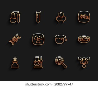 Set line Alcohol or spirit burner, Test tube flask on stand, Microorganisms under magnifier, Molecule, Radioactive, Petri dish with bacteria and  icon. Vector