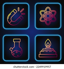 Set line Alcohol or spirit burner, Test tube and flask chemical, Magnet and Atom. Gradient color icons. Vector