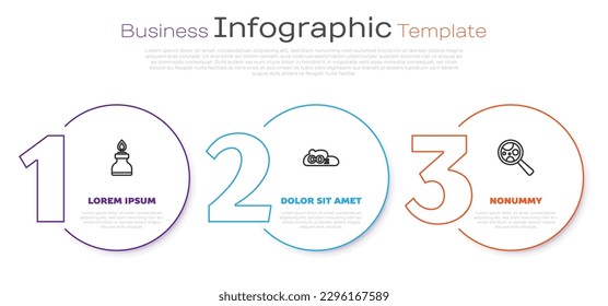 Set line Alcohol or spirit burner, CO2 emissions in cloud and Microorganisms under magnifier. Business infographic template. Vector