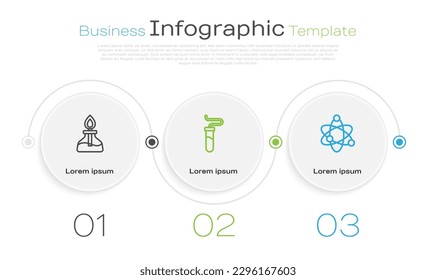 Ponga en línea el quemador de alcohol o de alcohol, el tubo de ensayo y el Atom. Plantilla de infografía empresarial. Vector