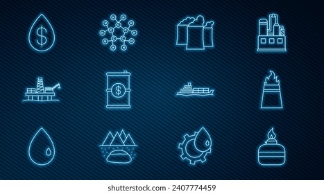 Set line Alcohol or spirit burner, Oil rig with fire, industrial factory building, Barrel oil dollar, platform the sea, drop, tanker ship and Molecule icon. Vector