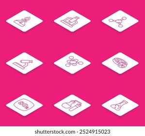 Set line Alcohol or spirit burner, Microscope, Molecule, Test tube with toxic liquid, Sulfur dioxide SO2 and  icon. Vector