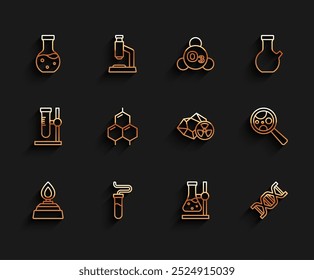 Fije la línea Alcohol o el quemador del espíritu, tubo de ensayo, frasco en soporte, símbolo del ADN, fórmula química, microorganismos bajo lupa e icono radiactivo. Vector