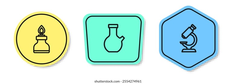 Set line Alcohol or spirit burner, Test tube and Microscope. Colored shapes. Vector