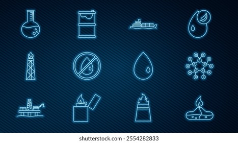 Set line Alcohol or spirit burner, Molecule oil, Oil tanker ship, No drop, rig with fire, petrol test tube,  and Barrel leak icon. Vector