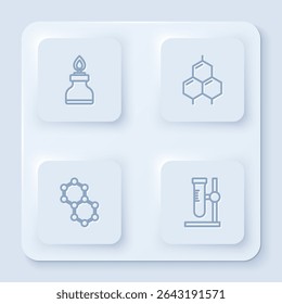 Set line Alcohol or spirit burner, Chemical formula, Molecule and Test tube flask on stand. White square button. Vector