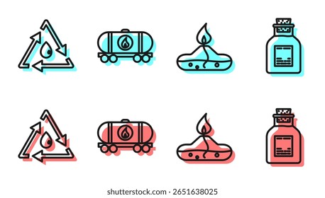 Definir linha Queimador de álcool ou espírito, gota de óleo com reciclado, cisterna ferroviária de óleo e ícone do tubo de teste de petróleo. Vetor