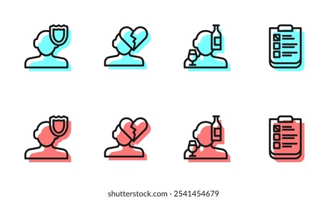 Set line Alcoholism, Psychology, Broken heart or divorce and Psychological test icon. Vector