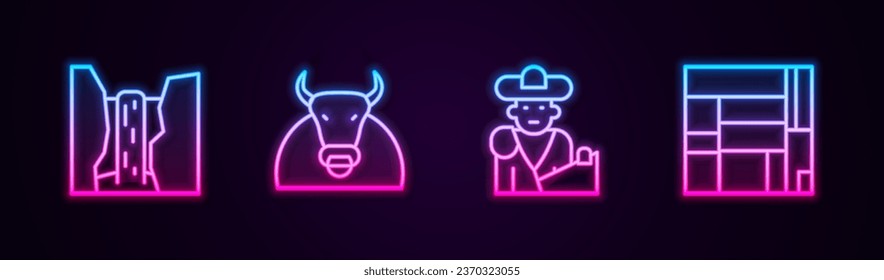 Set line Algar waterfall, Bull, Bullfight, matador and House Edificio Mirador. Glowing neon icon. Vector