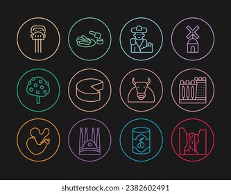 Set line Algar waterfall, Dali museum, Bullfight, matador, Cheese, Orange tree, Peineta,  and Churros and chocolate icon. Vector