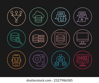 Definir Algoritmo de linha, Monitor de computador, Bate-papo bot, Código binário, Servidor, Filtro de funil, Ícone de banco de dados Dados e Nuvem. Vetor