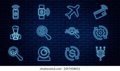 Set line Algorithm, Gear and arrows as workflow, Plane, Magnifying glass dollar, Scientist test tube, Contactless payment, for search people and  icon. Vector