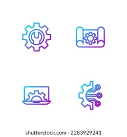 Set line Algorithm, Laptop and gear, Wrench spanner and Graphing paper. Gradient color icons. Vector