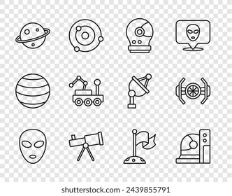 Set line Alien, Astronaut helmet, Telescope, Planet Saturn, Mars rover, Moon with flag and Cosmic ship icon. Vector