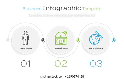 Set line Alien, Astronomical observatory and Satellites orbiting the planet Earth. Business infographic template. Vector