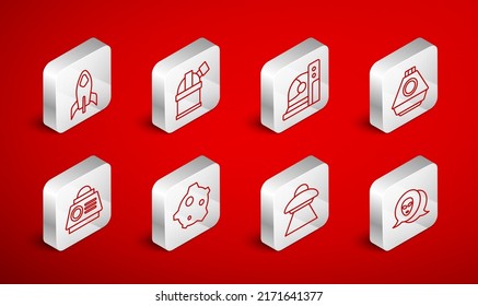Set line Alien, Astronomical observatory, Astronaut helmet, Space capsule, UFO flying spaceship, Rocket, Asteroid and  icon. Vector