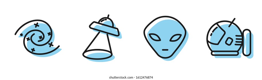 Set line Alien, Black hole, UFO flying spaceship and Astronaut helmet icon. Vector