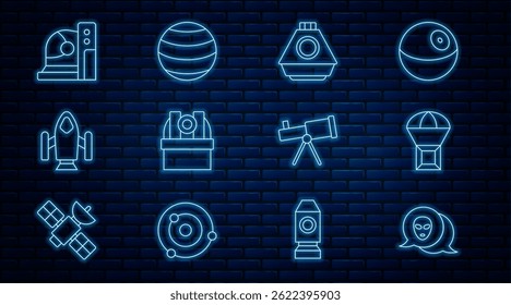 Set line Alien, Box flying on parachute, Space capsule, Astronomical observatory, Rocket ship, Astronaut helmet, Telescope and Planet icon. Vector