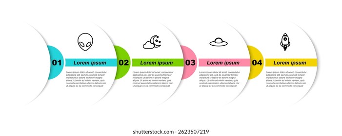 Set line Alien, Cloud with moon and stars, UFO flying spaceship and Rocket fire. Business infographic template. Vector