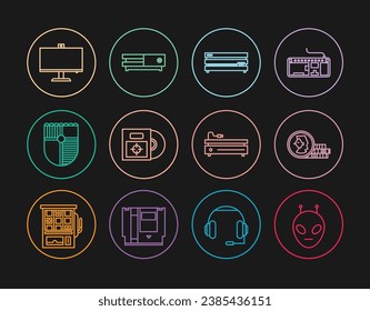 Set line Alien, Coin for game, Video console, CD DVD disk box, Shield, Computer monitor,  and  icon. Vector