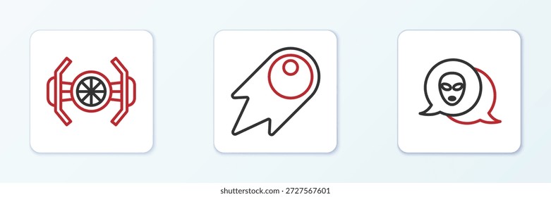 Set line Alien, Cosmic ship and Comet falling down fast icon. Vector