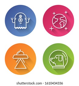 Set line Alien, Earth globe, UFO flying spaceship and Dog in astronaut helmet. Color circle button. Vector