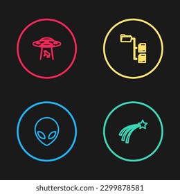 Set line Alien, Falling star, Folder tree and UFO abducts cow icon. Vector