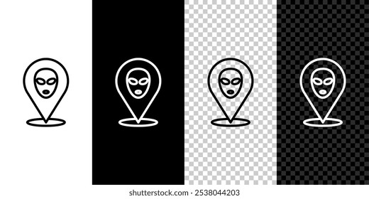 Set line Alien icon isolated on black and white, transparent background. Extraterrestrial alien face or head symbol.  Vector