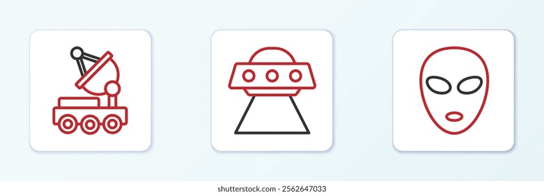 Set line Alien, Mars rover and UFO flying spaceship icon. Vector