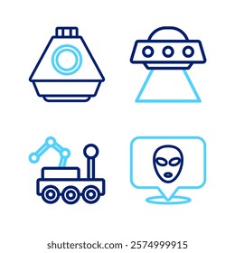 Set line Alien, Mars rover, UFO flying spaceship and Space capsule icon. Vector