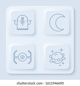 Set line Alien, Moon and stars, Cosmic ship and Planet. White square button. Vector