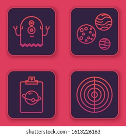 Set line Alien, Planet, Planet and Earth structure. Blue square button. Vector