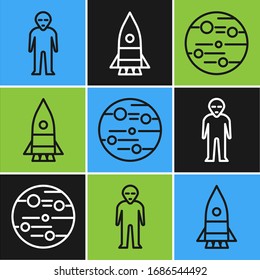 Set line Alien, Planet Mars and Rocket ship icon. Vector