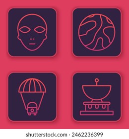 Set line Alien, Planet Saturn, Falling stars and Planet Saturn. Blue square button. Vector