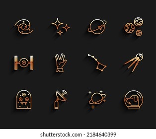 Set line Alien, Radar, Black hole, Planet, Dog in astronaut helmet, Vulcan salute, Satellite and Great Bear constellation icon. Vector