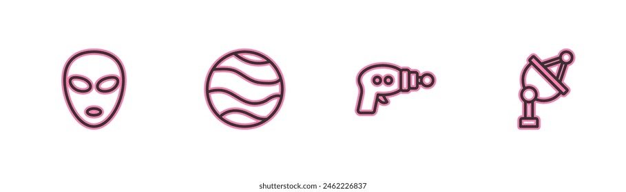 Set line Alien, Ray gun, Planet and Satellite dish icon. Vector