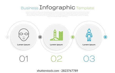 Set line Alien, Rocket launch from the spaceport and Astronaut. Business infographic template. Vector