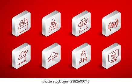 Set Line Alien, Raketenschiff, UFO fliegendes Raumschiff, Kosmische, Astronomische Sternwarte und Symbol. Vektorgrafik