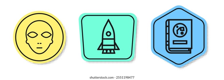 Definir a linha Alien, Rocket ship e Book by astronomy. Formas coloridas. Vetor