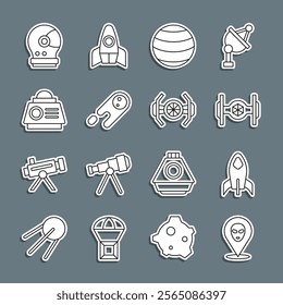 Set line Alien, Rocket ship, Cosmic, Planet, Comet falling down fast, Space capsule, Astronaut helmet and  icon. Vector