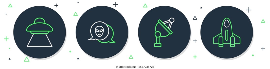 Set line Alien, Satellite dish, UFO flying spaceship and Rocket icon. Vector