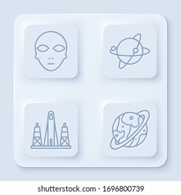 Set line Alien, Satellites orbiting the planet Earth, Rocket launch from the spaceport and Space capsule and parachute. White square button. Vector