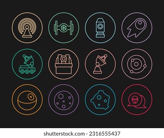 Set line Alien, Solar system, Rocket ship, Astronomical observatory, Mars rover, Radar, Satellite dish and Cosmic icon. Vector