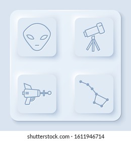 Set line Alien, Telescope, Ray gun and Great Bear constellation. White square button. Vector