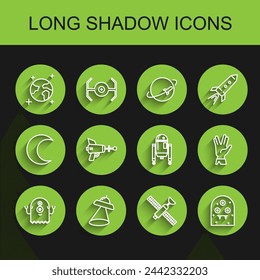 Set line Alien, UFO flying spaceship, Earth globe, Satellite, Ray gun, Vulcan salute and Robot icon. Vector