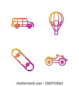 Set line All Terrain Vehicle or ATV motorcycle, Skateboard, Off road car and Hot air balloon. Gradient color icons. Vector