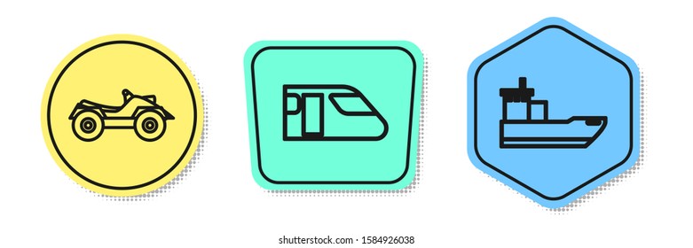 Set line All Terrain Vehicle or ATV motorcycle, Train and Cargo ship. Colored shapes. Vector