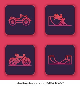 Set line All Terrain Vehicle or ATV motorcycle, Bicycle, Bicycle on street ramp and Skate park. Blue square button. Vector