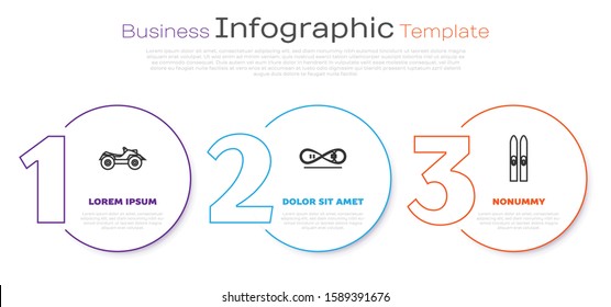 Set line All Terrain Vehicle or ATV motorcycle, Skateboard trick and Ski and sticks. Business infographic template. Vector